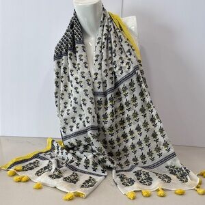 J. Crew Black and White Floral Scarf with Yellow Tassels